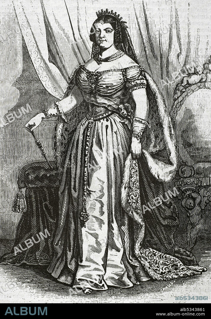 María Cristina de Borbón Dos Sicilias (1806-1878). Reina consorte de España entre 1829 y 1833 por su matrimonio con el rey Fernando VII, de la que fue su cuarta y última esposa. Regente del reino entre 1833 y 1840. Retrato. Grabado. Historia General de España por el Padre Mariana. Madrid, 1853.