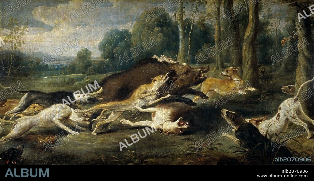Frans Snyders / 'Wild Boar Hunt', 16th-17th century, Flemish School, Oil on canvas, 79 cm x 145 cm, P01762.