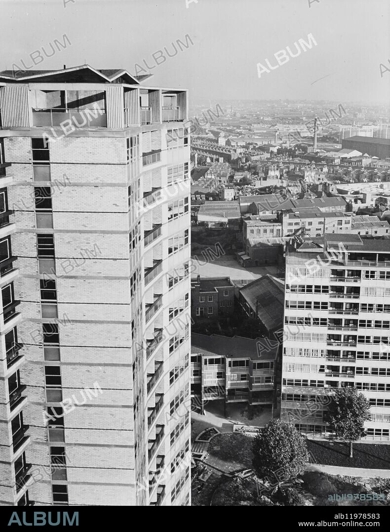 The Lord Mayor Sir Frederick Hoare will open the new Avondale Square housing estate on the Old Kent Road on Friday. The estate comprises of 380 flats to house 853 people. There are three 185 foot high 20 story blocks, two tennis courts a toddlers play the paved playground and six shops. 23 October 1962.