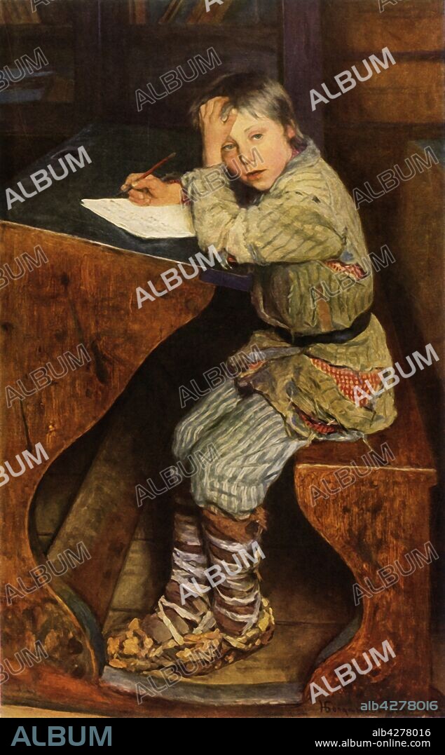 NIKOLAJ PETROVIC BOGDANOV-BEL'SKIJ. 'Study from Life', c1903, (1965). A Russian schoolboy in ragged clothes sits writing at a desk. Painting, also known as 'The Essay', in the State Russian Museum, St Petersburg. From "Russian Painting of the 18th and 19th Centuries" by Vladimir Fiala. [Artia, Czechoslovakia, 1965].