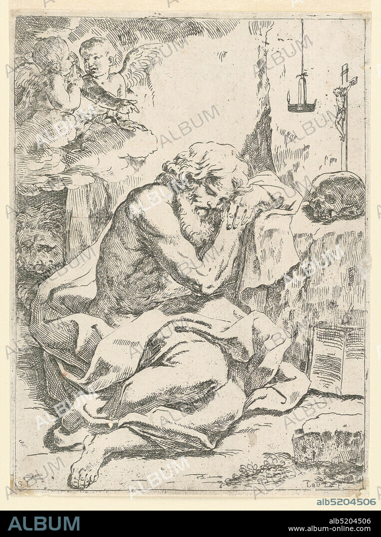 Saint Jerome, Lorenzo Loli, Italian, 1612 - 1691, Giovanni Andrea Sirani, Italian, 1610 - 1670, Etching on paper, St. jerome is shown seated in prayer, resting his head on his left forearm which is supported by a stone block. Two seraphs, upper left, and his lion below., Bologna, Italy, ca. 1675, Print, Print.