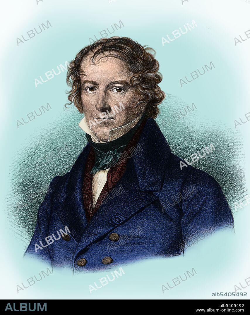 Jean-Baptiste Biot (April 21, 1774 -February 3, 1862) was a French physicist, astronomer, and mathematician who established the reality of meteorites, made an early balloon flight, and studied the polarization of light. Biot made many contributions to the scientific community, most notably in optics, magnetism, and astronomy. In physics, particularly electromagnetism, the Biot-Savart law is an equation that describes the magnetic field generated by an electric current. Biot also helped further the field of optics in 1815 with a study in polarized light. In his experiment Biot studied the effects of polarized light as it penetrated organic substances and determined that light could be rotated clockwise or counterclockwise, dependent upon the optical axis of the material. He lived to be 87 and died of natural causes. No artist credited, undated lithograph.