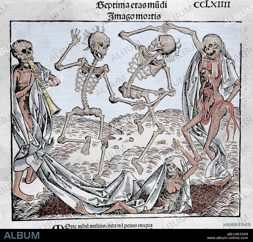 The Dance of Death (1493) by Michael Wolgemut, from the Liber chronicarum by Hartmann Schedel. Coloured engraving.