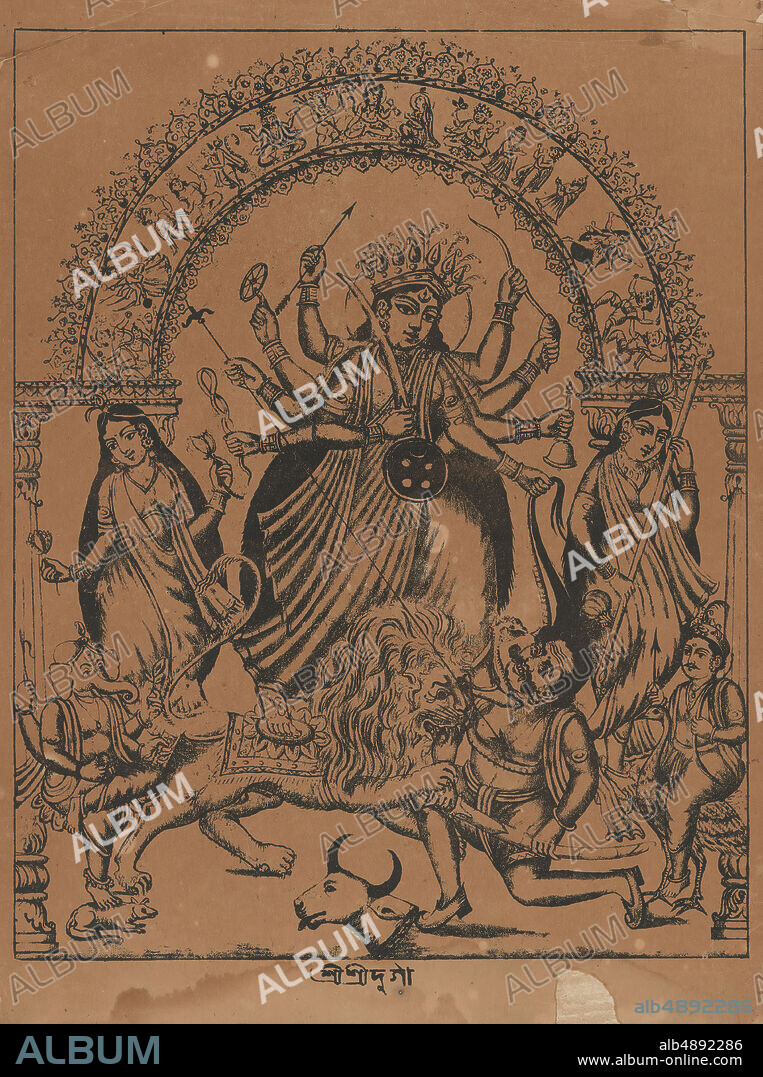 Sri Sri Durga, India, West Bengal, Calcutta, ca. 187580, India, West Bengal, Calcutta, Lithographic print on paper, Image (excluding text): 10 1/2 × 8 1/4 in. (26.7 × 21 cm), Sheet: 11 3/4 × 8 3/4 in. (29.9 × 22.2 cm), Prints.