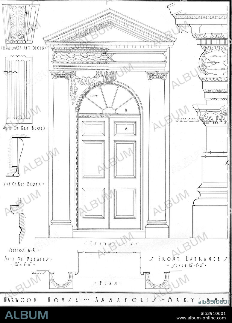 Measured drawing, Harwood House, Annapolis, Maryland, 1922. Harwood House was designed in Palladian style by William Buckland for wealthy farmer Matthias Hammond. It was built in 1773-1774. From The Architectural Forum Volume XXXVII. [Rogers and Manson, New York, 1922].