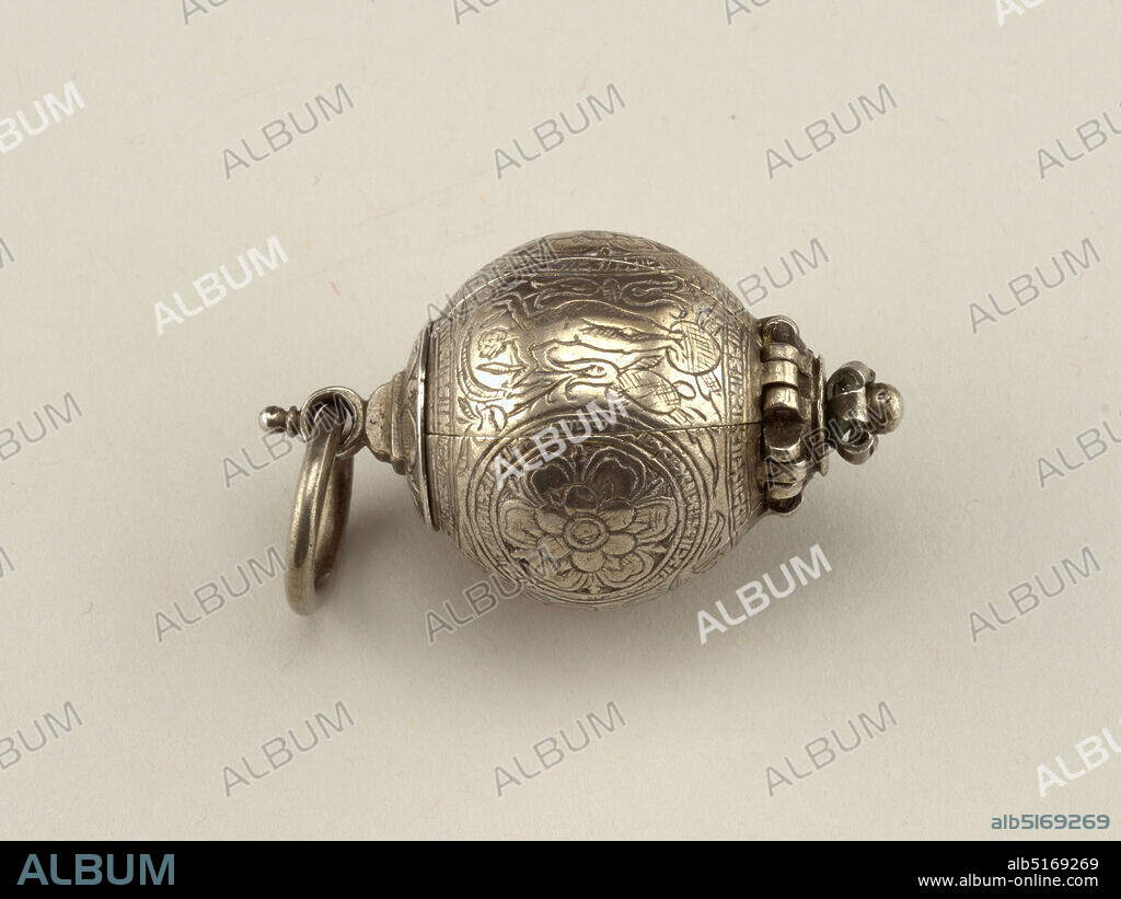 Pomander, silver, gold, Spherical body opening into six segments hinged at base about a central hexagonal pillar and held in place, when closed, by circular convex cap screwed into pillar at top; pierced finial with loose ring; at base, small ball surrounded by incurving scrolls; exterior engraved with three circular medallions containing full-blown rose motif alternating with figures of Fame, two blowing trumpets, the third standing on sphere with sail held above her head, foliate scrolls and birds interspersed, borders of quatre-foil motifs; sides of segments and pillar engraved with scrollwork; oblong sliding covers to each compartment engraved with names of perfumes, small knobs at ends serving to pull them out and fitting into holes in pillar to keep segments more firmly in place when pomander is closed; interior gilded., Germany, 16th century, metalwork, Decorative Arts, Pomander.