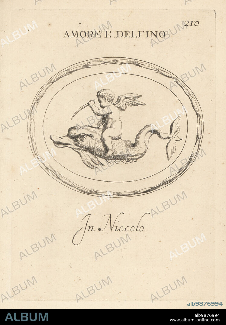 Cupid riding a dolphin, the sacred animal of Venus. In nicolo. Amore e delfino in niccolo. Copperplate engraving by Giovanni Battista Galestruzzi after Leonardo Agostini from Gemmae et Sculpturae Antiquae Depicti ab Leonardo Augustino Senesi, Abraham Blooteling, Amsterdam, 1685.