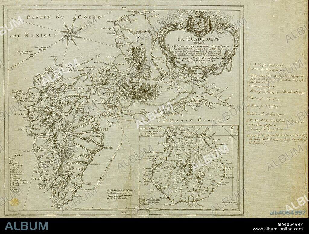 A map of Guadeloupe created in the context of the Seven Year's War, its West Indies Campaign, and the invasion of Guadeloupe in 1759. Includes an inset of Marie Galante Island. LE GUADELOUPE. Paris : [Georges-Louis Le Rouge], Rue des Augustins, 1753. Source: Maps K.Top.123.90. Language: French.