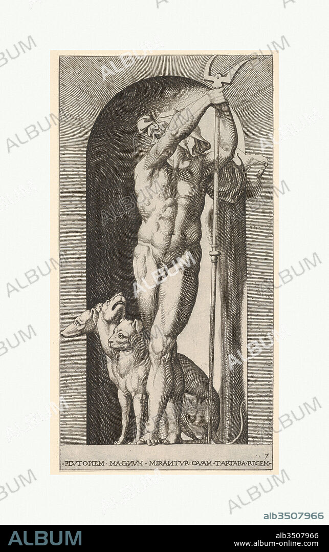 Plate 7: Pluto in a niche, holding a bident, with Cerberus next to him, from a series of mythological gods and goddesses, 1526, Engraving, sheet: 8 3/16 x 4 1/4 in. (20.8 x 10.8 cm), Prints, Giovanni Jacopo Caraglio (Italian, Parma or Verona ca. 1500/1505–1565 Krakow (?)), After Rosso Fiorentino (Italian, Florence 1494–1540 Fontainebleau).
