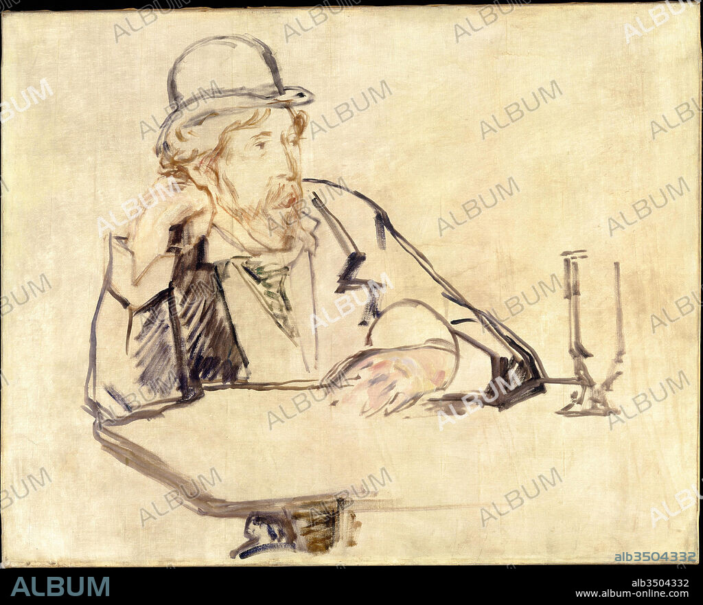 George Moore (1852–1933) at the Café, 1878 or 1879, Oil on canvas, 25 3/4 x 32 in. (65.4 x 81.3 cm), Paintings, Édouard Manet (French, Paris 1832–1883 Paris), In this unfinished portrait of 1878 or 1879, Manet depicts the Irish writer George Moore (1852–1933) at the popular Café de la Nouvelle-Athènes, a gathering place for artists and writers, where the two probably met.