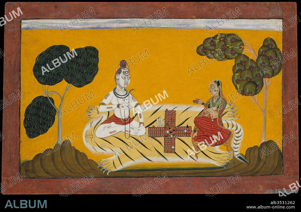 Shiva and Parvati Playing Chaupar: Folio from a Rasamanjari Series, dated 1694–95, India (Basohli, Jammu), Opaque watercolor, ink, silver, and gold on paper, Image: 6 1/2 x 10 7/8 in. (16.5 x 27.6 cm), Paintings, Devidasa of Nurpur (active ca. 1680–ca. 1720), This painting belongs to a series illustrating the Rasamanjari (Essence of the Experience of Delight), a fifteenth-century Sanskrit love poem by Bhanudatta devoted to the expression and classification of the moods and emotions of the nayaka (?hero-lover) and nayika (?heroine-loved).