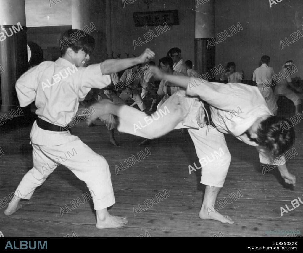 Brutal Blows: Japanese students at Waseda University, are still being taught how to rough up opponents in the sport called Karate a combination of boxing, wrestling and kicking. Brutal methods allowed include a blow on the back of the neck with the heel of the band, a violent kick in the groin, a blow designed to arrest the flow of blood to the brain, and a variety of bone breakers. April 19, 1947. (Photo by Wide World Photo).