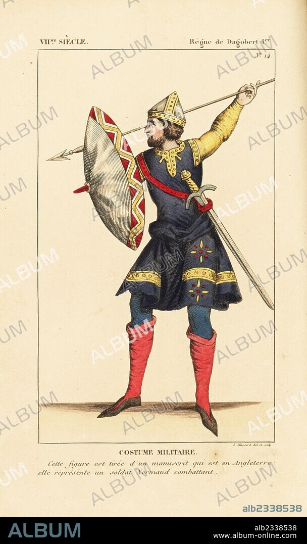 Military costume of a Norman soldier (or Saxon), 12th century, from a manuscript in England. He wears a tunic with sleeves, stockings, shoes, and is armed with a lance, buckler (shield), sword and helmet. Handcoloured copperplate drawn and engraved by Leopold Massard from "French Costumes from King Clovis to Our Days," Massard, Mifliez, Paris, 1834.