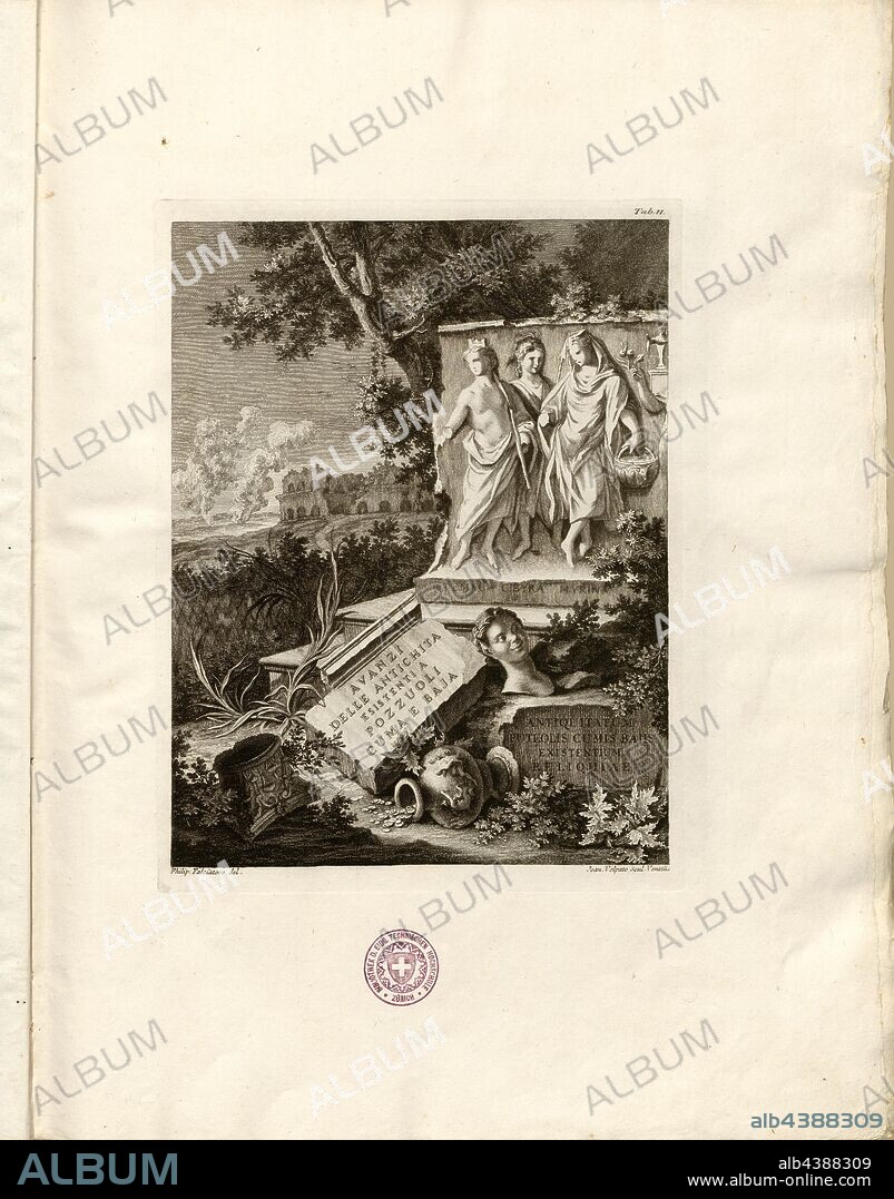 Ruins and Shattered, Ruin, fragments of a bust of a faun, three standing women, signed: Philip., Falciatore del, Joan Volpato scul, Tab. II, Falciatore, Filippo (del.); Volpato, Giovanni (sc.), 1768, Paolo Antonius Paoli: Avanzi delle antichita esistenti a Pozzuoli Cuma e Baja. [Neapel]: [s.n.], Anno A.C.N.MDCCLXVIII. [1768].