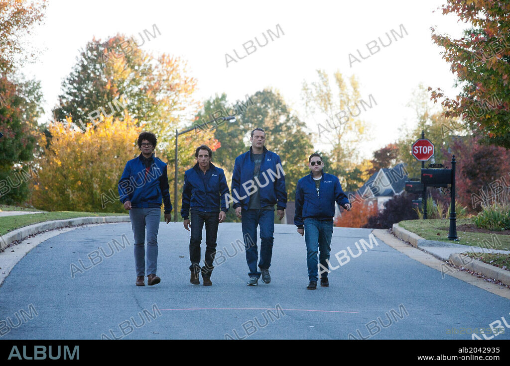 BEN STILLER, JONAH HILL, RICHARD AYOADE and VINCE VAUGHN in THE WATCH, 2012, directed by AKIVA SCHAFFER. Copyright TWENTIETH CENTURY FOX.