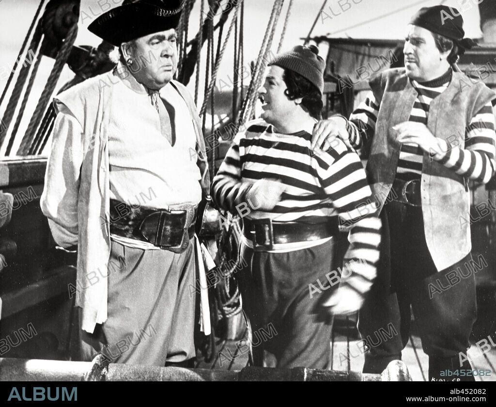 BUD ABBOTT, CHARLES LAUGHTON and LOU COSTELLO in ABBOTT AND COSTELLO MEET CAPTAIN KIDD, 1952, directed by CHARLES LAMONT. Copyright WARNER/WOODLEY.