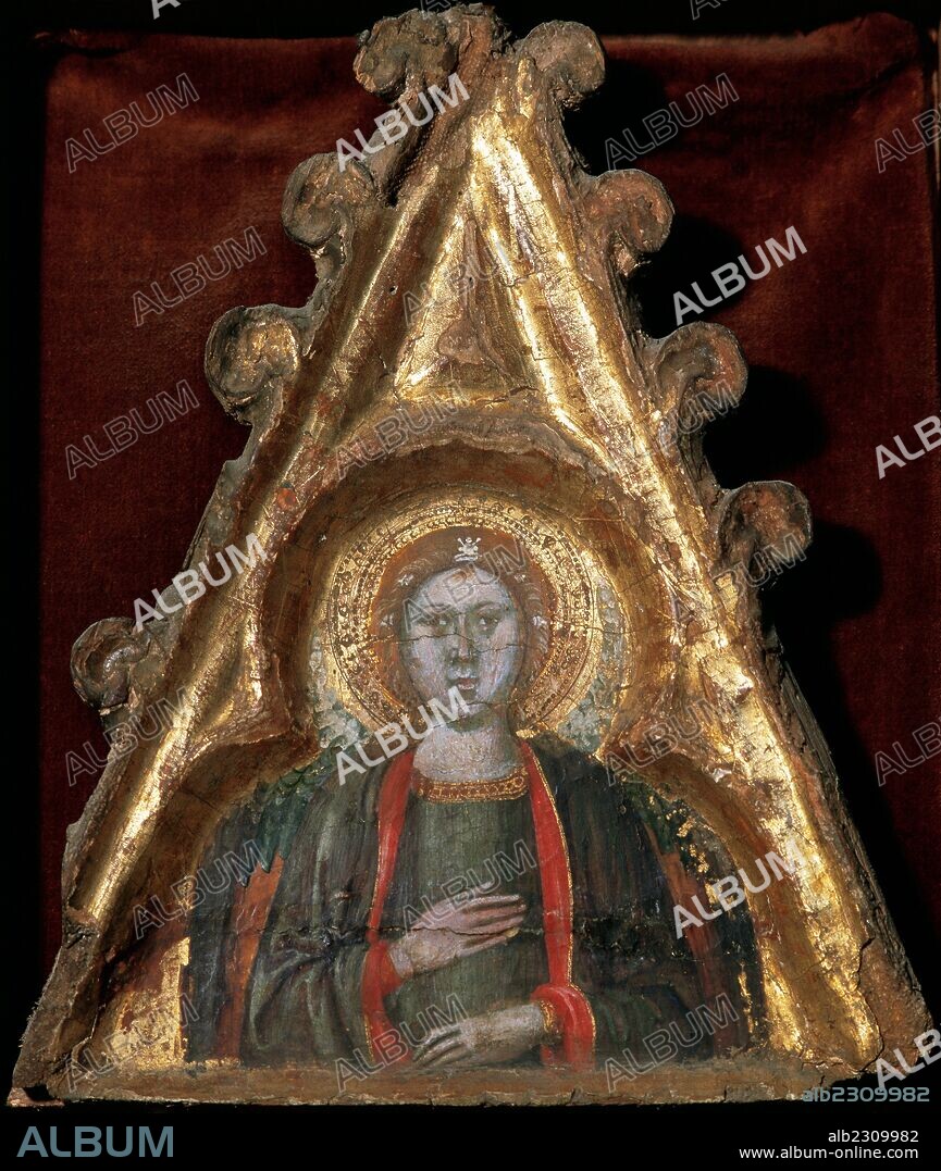 ARTE GOTICO. ESPAÑA. ANGEL DE UN PINACULO. Pintura sobre madera atribuida al maestro FERRER BASSA (27cm x 22cm). Barcelona. Siglo XIV. Museu Episcopal de Vic. Provincia de Barcelona. Comarca de Osona. Cataluña.