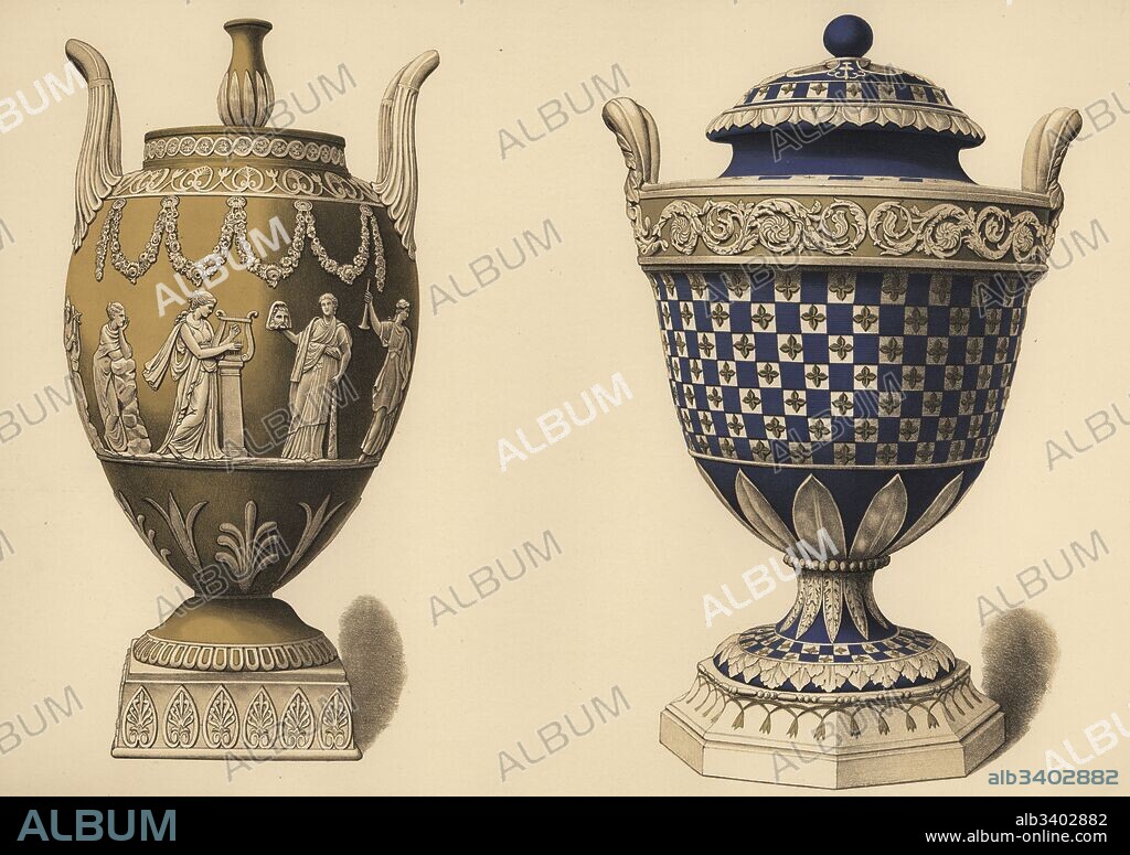 Vase with reliefs of the nine Muses and Apollo, and tricolor vase with quatrefoils in green and white on blue. Chromolithograph by W. Griggs from Frederick Rathbone's Old Wedgwood, the Decorative or Artistic Ceramic Work Produced by Josiah Wedgwood, Quaritch, London, 1898.