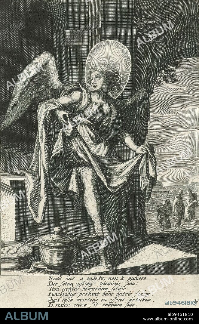 Angel with the Shroud of Christ, Tools of the Passion (series title), An angel sits on the edge of the empty tomb of Christ, the shroud in his hands. On the ground a bowl and a pot with a lid. In the background the three women on their way to the tomb., print maker: Abraham Hogenberg, after design by: Augustin Braun, Guilhelm Salsman, 1608 - 1658, paper, engraving, height 167 mm × width 109 mm.