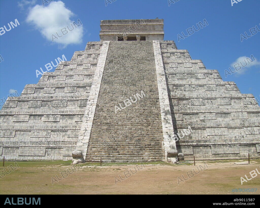 La Piramide, known as the Temple of Kukulca, a Mesoamerican step-pyramid that dominates the centre of the Chichen Itza archaeological site in the Mexican state of Yucatan. The pyramid building is more formally designated by archaeologists as Chichen Itza Structure 5B18. Built by the pre-Columbian Maya civilization between the 8th and 12th centuries AD, the pyramid served as a temple to the deity Kukulcan, the Yucatec Maya Feathered Serpent deity closely related to Quetzalcoatl.