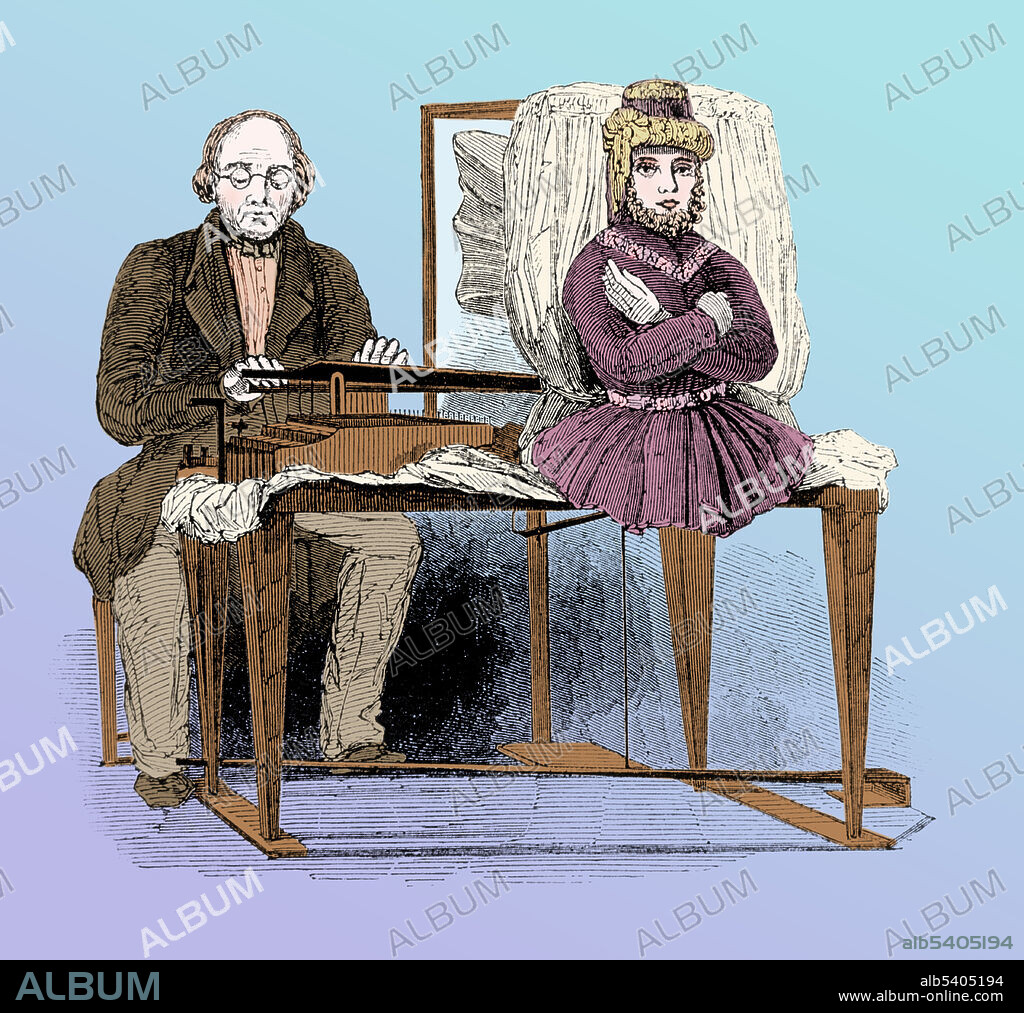 Illustration of The Euphonia, or speaking machine, exhibited by Professor Joseph Faber in London, England, in 1846. Faber's device had an artificial tongue and pharyngeal cavity controlled by keyboard (center left), and bellows controlled by a foot pedal (at lower left). The machine produced whispered speech and sang 'God Save the Queen'. There was speculation that the Euphonia did not produce its own sounds and that the device was a hoax. This image has been coloured.