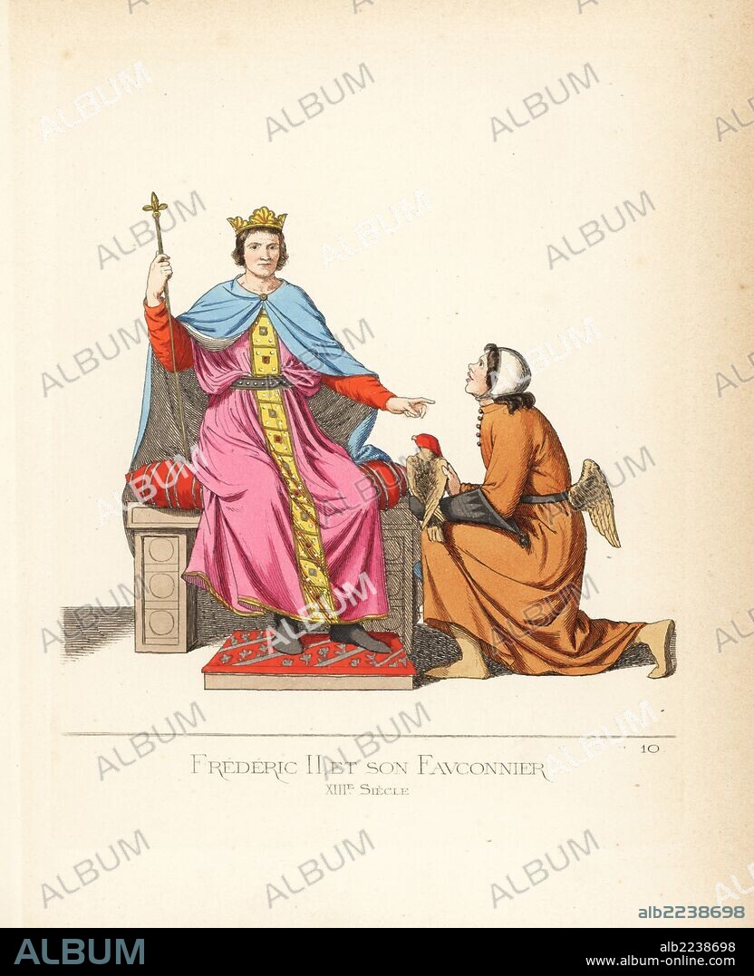 Frederick II and his falconer, 13th century. Frederick II wears a gold crown, blue chlamys secured with gold clasp, red tunic with gold stripe and gemstones. He holds a gold sceptre. Falconer in a white cap, brown tunic, stockings, black belt with bird wings, and hooded falcon on gauntlet. From Frederick II's treatise on falconry, De Arte Venandi cum Avibus. Handcoloured illustration drawn and lithographed by Paul Mercuri with text by Camille Bonnard from "Historical Costumes from the 12th to 15th Centuries," Levy Fils, Paris, 1860.