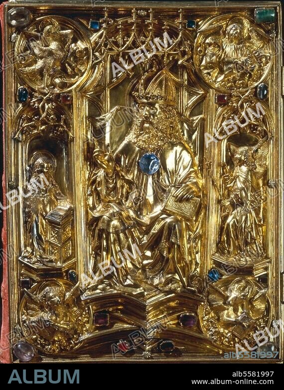 Insignien / Deutsche Reichskleinodien. Das Reichsevangeliar (Krönungsevangeliar Karls des Großen): Gottvater mit Verkündigung an Maria und den vier Evangelistensymbolen. Einbanddeckel, um 1500, von Hans von Reutlingen (um 1465-1547). Silber, vergoldet, Edelsteine, 34,5 × 26,1 cm. Weltliche Schatzkammer, Wien, Kunsthistorisches Museum.