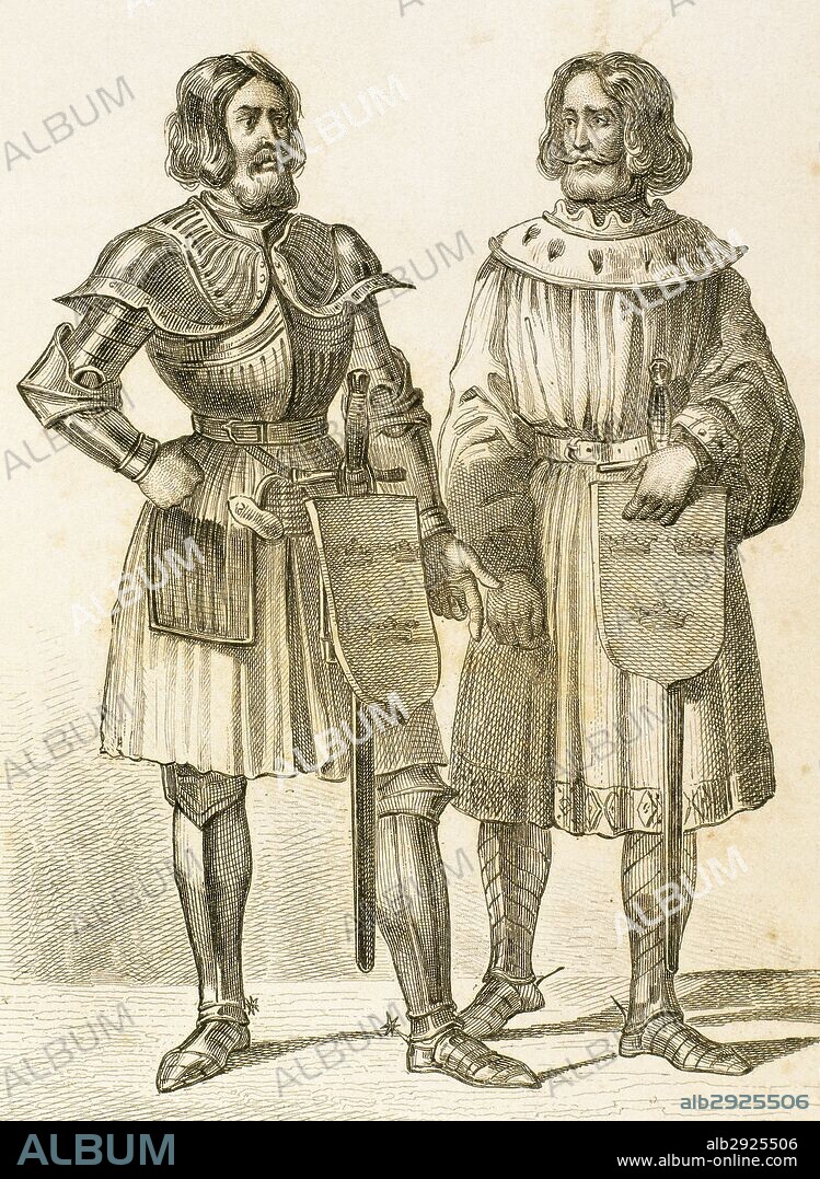 KNUT ERIKSSON (CANUTO I DE SUECIA) (1143-1196). Rey de Suecia de 1167 hasta su fallecimiento. ERIK X KNUTSSON (1180-m. Visingsö, Suecia, 1216). Rey de Suecia (1208-1216) salió victorioso en Lena (1208) en su enfrentamiento contra los daneses. Grabado donde se representa a CANUTO I CON SU HIJO ERIK. Dibujado por Vernier. Grabado por Masson.