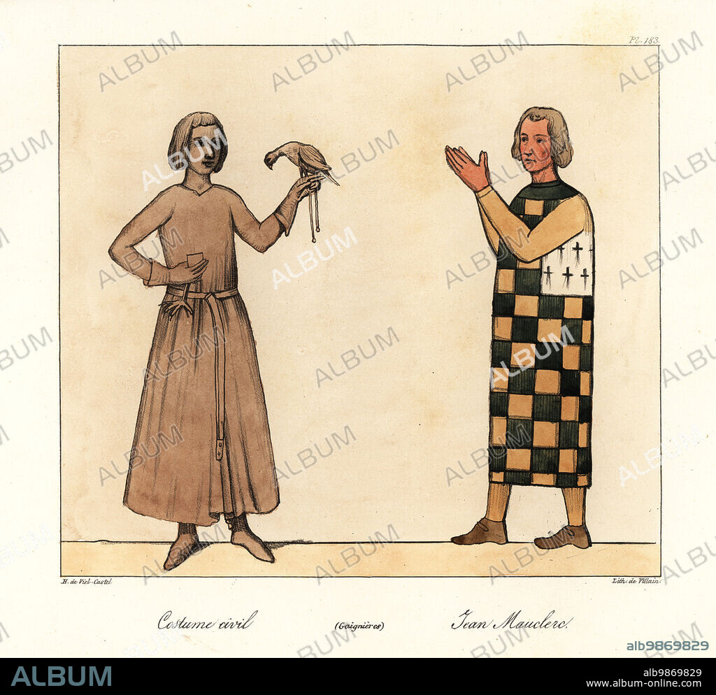 French falconer with hawk, and Peter I, Duke of Brittany, 1187-1250, in armorial tunic with his coat of arms. Costume civil, Jean Mauclerc, XIIIe siecle (Roger de Gaignieres). Handcoloured lithograph by Villain after an illustration by Horace de Viel-Castel from his Collection des costumes, armes et meubles pour servir à l'histoire de la France (Collection of costumes, weapons and furniture to be used in the history of France), Treuttel & Wurtz, Bossange, 1829.