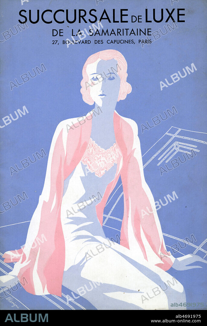 'Succursale de luxe de la Samaritaine'. Couverture de catalogue vers 1930. Illustration par Leon BENIGNI (1892-1948) Femme en chemise de nuit assise sur un lit.. Credit : Collection IM/KHARBINE-TAPABOR.