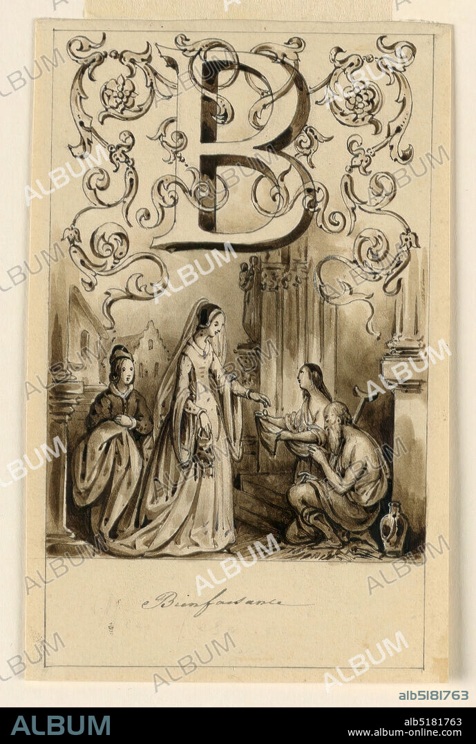 Design for the letter B of a pictorial alphabet: Bienfaisance (Charity), Victor Vincent Adam, 18011866, Graphite, pen and bistre ink, brush and ink wash, with white heightening on cream paper., Letter above, flanked by intertwining rinceau., France, ca. 1830, Drawing, Drawing.
