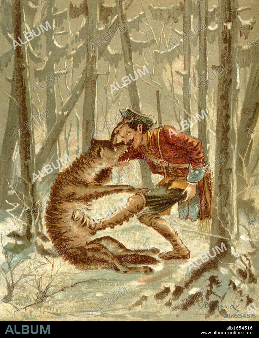 Baron Munchausen's encounter with a wolf Illustration by Alphonse Adolf Bichard from the book The Adventures of Baron Munchausen published c1886.