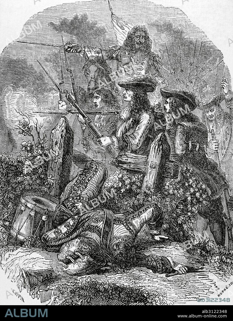 Claude Louis Hector De Villars (1653-1734). Ultimo gran general de Luis XIV de Francia y uno de los comandantes más brillantes de Francia. Uno de los seis Mariscales del país. "Batalla de Denain, 24 de julio 1712, en el marco de la Guerra de Sucesión Española". Enfrentamiento entre las tropas Francesas (Villars) y las Provincias Unidas y de Austria (comandante Arnold van Keppel). Grabado por Dupré. Galería Universal, 1868.