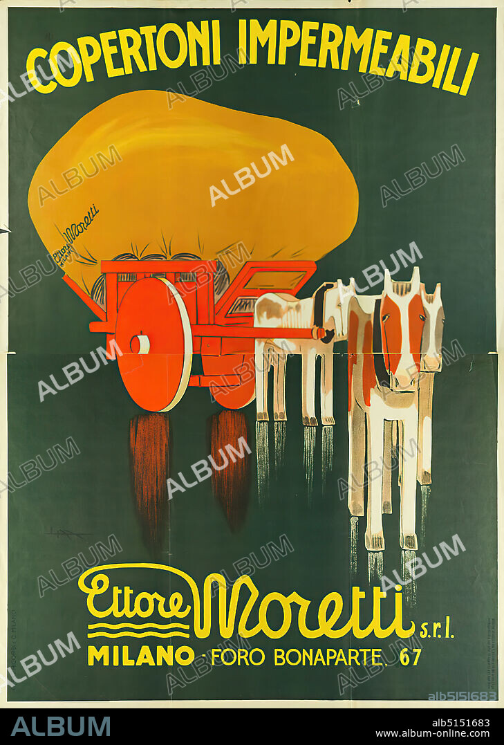 G. Ricordi e C, Leopoldo Metlicovitz, Copertoni Impermeabili - Ettore Moretti, Milano, paper, lithograph, part (two-part poster): height: 140.5 cm; width: 99 cm, monogrammed: in print lower left: LM, product and business advertising (posters), carriage, freight wagon, cargo cart, horse, textile industry/clothing industry.