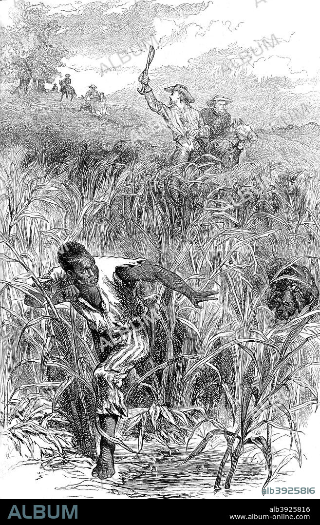 A slave hunt, USA, mid 19th century (c1880). An escaped negro slave being pursued by men on horseback with dogs. A print from Cassell's History of the United States, by Edmund Ollier, Volume III, Cassell Petter and Galpin, London, c1880.