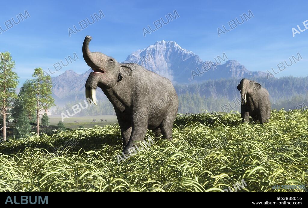 Deinotherium traverse the rolling plains of what is today Europe. A prehistoric relative of modern elephants, Deinotherium was larger and had a shorter trunk and downward-curving tusks attached to its lower jaw. Deinotherium is the third largest land mammal known to have existed; only Paraceratherium and some mammoths were larger. Deinotherium likely behaved like modern elephants and may have lived side-by-side with the early human ancestor Australopithecus.