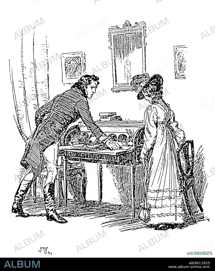 HUGH THOMSON. Scene from Jane Austen's Persuasion, 1897. Austen's last novel, Persuasion was published in 1818. In this scene, Captain Wentworth gives Anne Elliot his note of declaration.