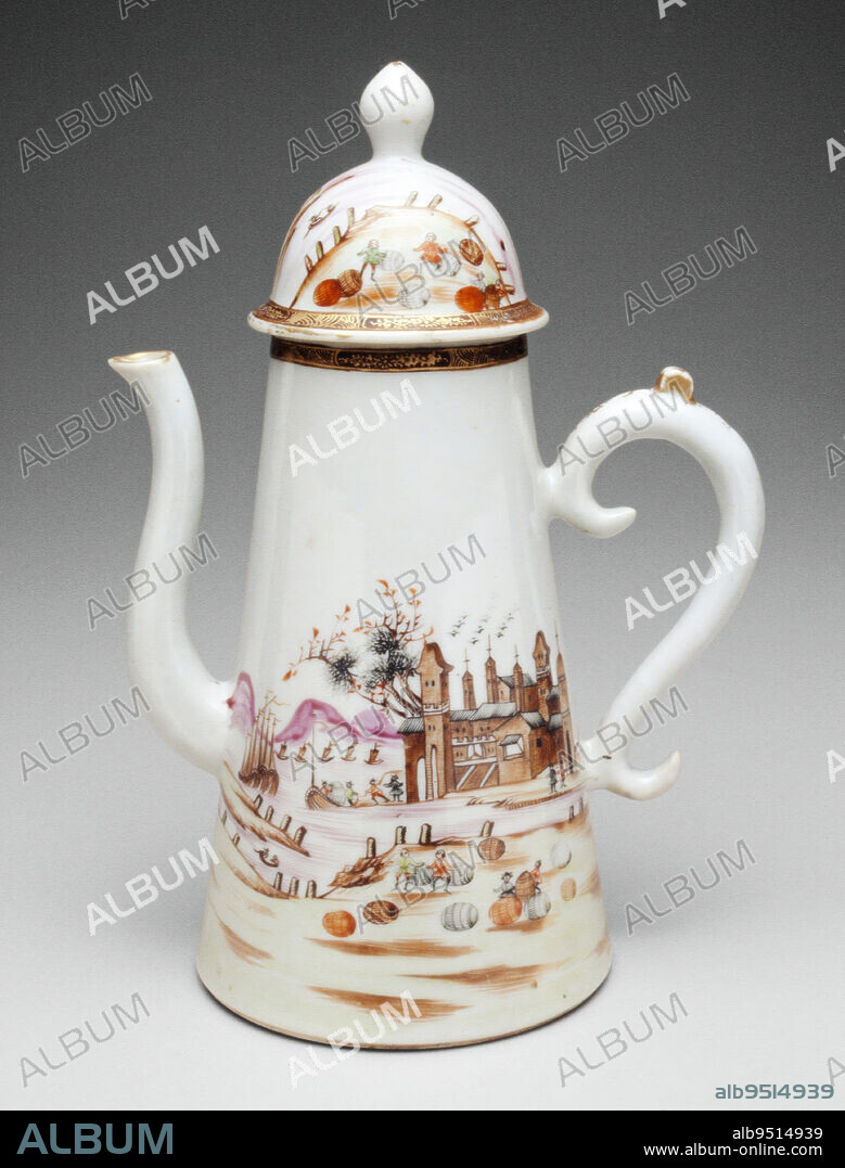 Coffee pot from a coffee set, c. 1760, 9 5/8 x 6 5/8 x 4 1/2 in. (24.45 x 16.83 x 11.43 cm), Porcelain, China, 18th century, This coffee pot is part of a service decorated with scenes of Dutch ships in Capetown Harbor, in what is now South Africa. Investors created the Dutch East India Company in 1609 to provide support for Dutch trade. Other European nations created competing companies. Capetown was an important stop for European ships seeking provisions on the trade routes to and from China -- in this scene dock workers roll barrels of supplies toward the ships at the port.