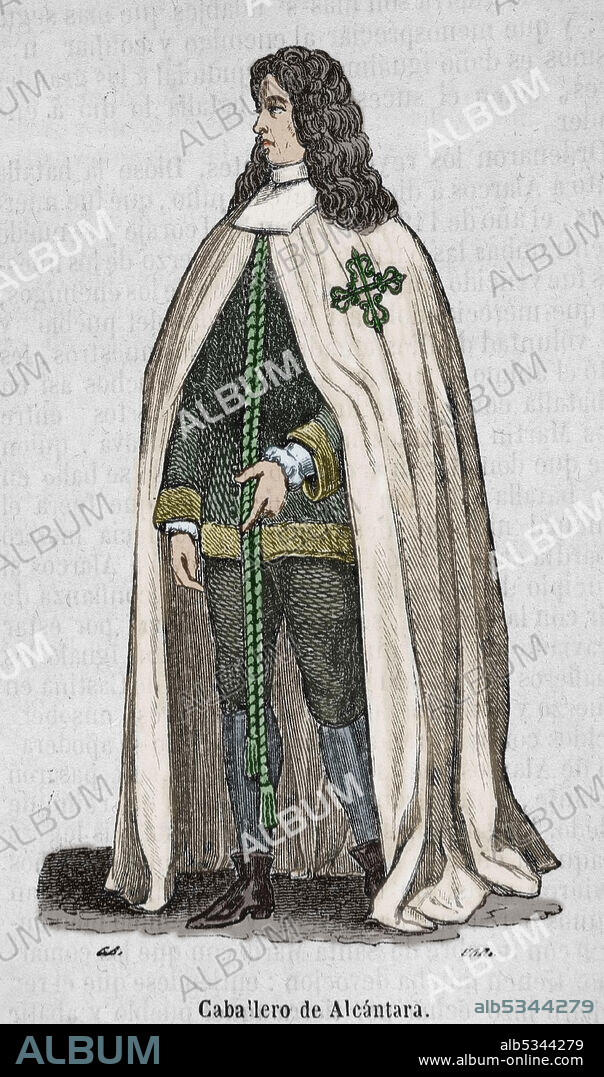 Orden militar y religiosa de Alcantara, creada en el año 1156 en el Reino de León. Caballero de Alcántara con el emblema de la cruz de Alcántara bordada en su capa. Grabado coloreado. Historia General de España por el Padre Mariana. Madrid, 1852.