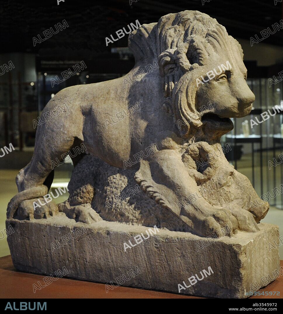 Statue of a lion killing a boar, symbol of death. 2nd century. From Cologne, Germany. Roman-Germanic Museum. Cologne. Germany.