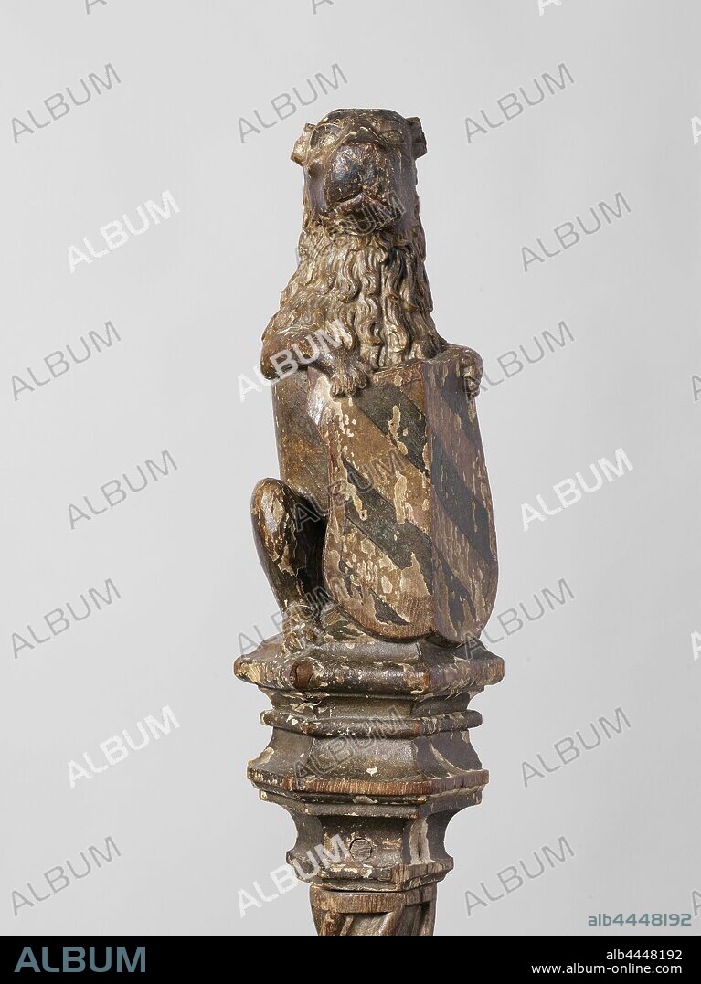 Shield-bearing wooden lion, most probably belonging to eleven shield-bearers, and originating from the Hof van Holland founded by Charles de Stoute. Gravenhage. Note: Sculpture catalog no. 52 refers to 12 shield carriers already present instead of 11, as well as two colonets, 1511, oak (wood).