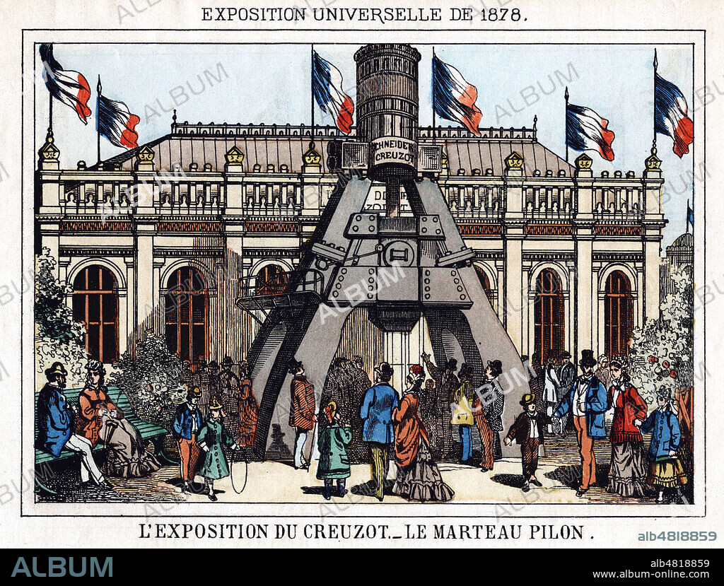 Exposition du Creusot. Le marteau pilon. Illustration anonyme pour L'Exposition universelle de 1878 dans la serie de l'Album du petit Peintre. Credit : Collection Jonas/Kharbine-Tapabor.