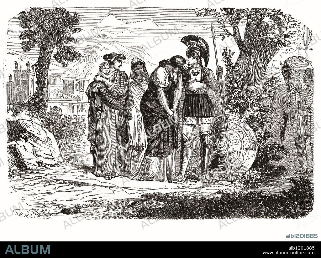 Héctor. Héroe troyano, personaje de La Ilíada, despidiéndose de su esposa Andrómaca. Jefe del ejército troyano, consiguió detener la ruina de Troya durante diez años; fue muerto por Aquiles. Grabado de 1866.