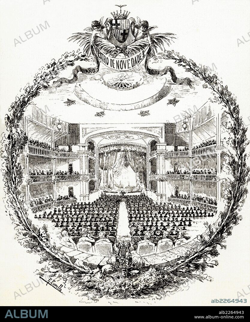 Barcelona. Interior del Teatro Novedades en la calle Caspe. Grabado de 1884.