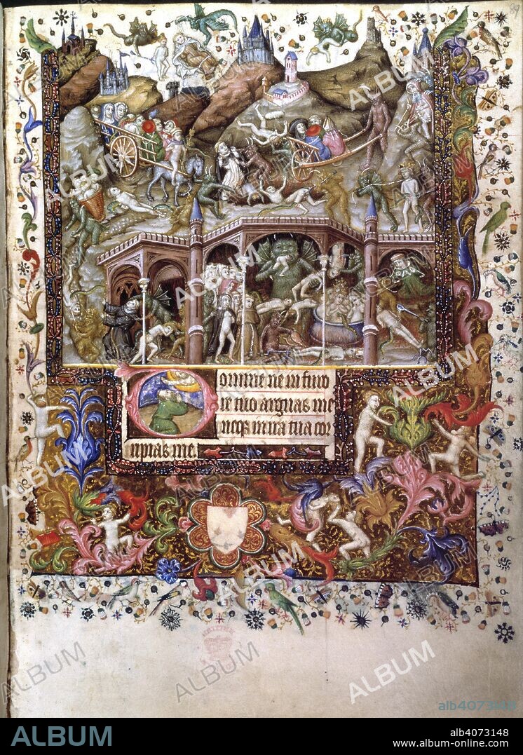 MASTER OF THE BRUSSELS INITIALS. Scene in Hell. Book of Hours. France (Paris), circa 1407. (Whole folio) A scene in Hell; historiated initial and decorated border with foliage, figures and birds. From the Penitential Psalms and Litany.  Image taken from Book of Hours.  Originally published/produced in France (Paris), circa 1407. . Source: Add. 29433, f.89. Language: Mostly Latin, partly French.