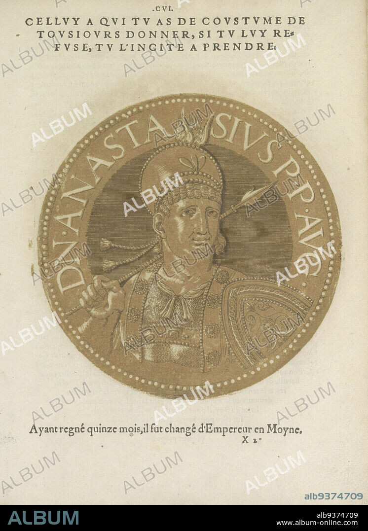 Portrait of Emperor Anastasios IILes images presque de tous les empereurs (series title), Portraits of Emperor Anastasios II, on a coin with edge lettering. The print is part of a book on the emperors from Julius Caesar to Charles V and his brother Ferdinand., Joos Gietleughen, print maker: Hubert Goltzius, Antwerp, 1557 and/or 1559, paper, etching, letterpress printing, height 180 mm × width 179 mm.