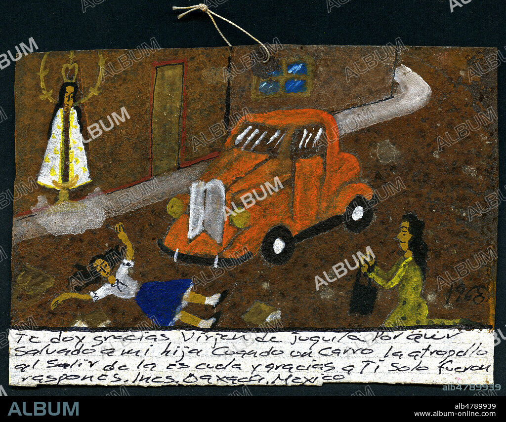 (Je te rends grace, Vierge de Guadalupe d'avoir sauve ma fille quand une voiture l'a renversee a la sortie de l'ecole. Ines. Illustration anonyme de 1968 sur plaque de metal pour un ex-voto de la ville de Oaxaca au Mexique. Credit : Collection Jonas/Kharbine-Tapabor.