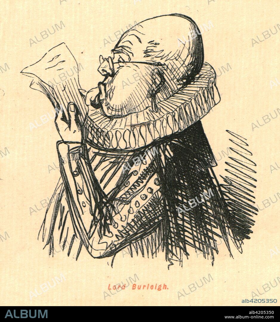 'Lord Burleigh', 1897. Burghley, wearing spectacles, is reading a document. (Sir William Cecil, 1st Baron Burghley (1520-1598), was the chief advisor of Queen Elizabeth I). From "The Comic History of England" by Gilbert Abbott A Beckett, with satirical illustrations by John Leech. [Bradbury, Agnew & Co, London, 1897].