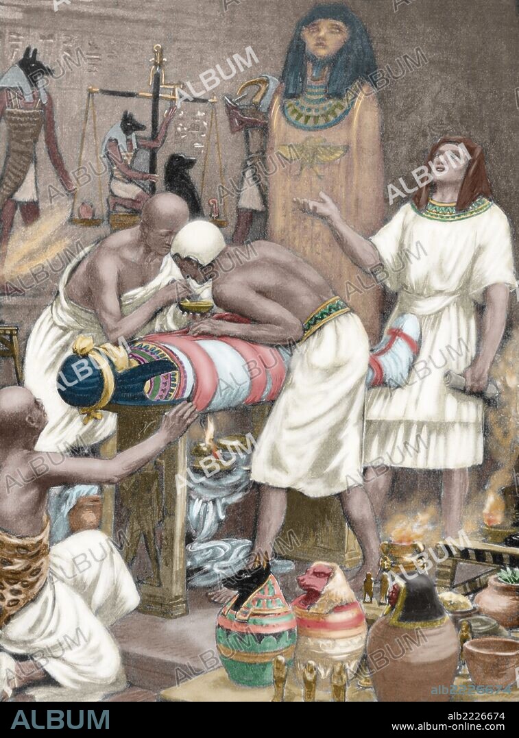 ROBERT AMBROSE DUDLEY. Mummification. Anciet Egypt. Engraving. 19th century. Colored.