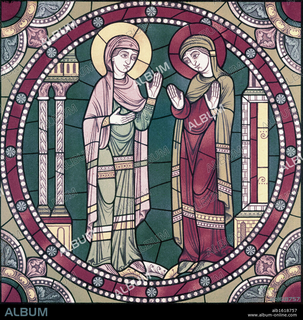 Visitation,  stained glass,  12th century,  France,  Chartres Cathedral.